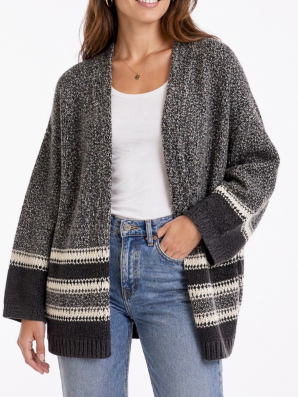 ULLA JOHNSON Navy Blue & Ivory Chunky Woven Open Front Cardigan Sweater